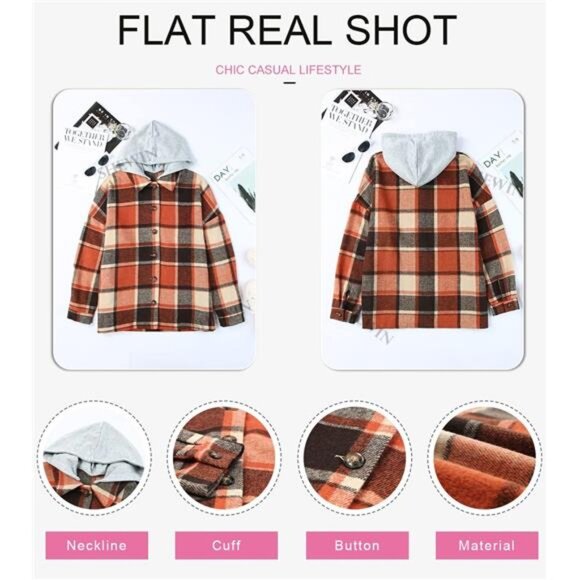 Women's Long Sleeve Button-Down Plaid Flannel Hooded Shacket Jacket - Picture 6 of 7